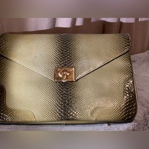 Vintage snakeskin embossed leather envelope briefcase style purse w/ gold clasp